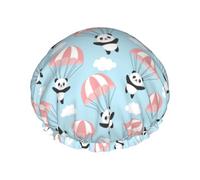 Gorro de ducha de doble capa con diseño de panda volando en el cielo, reutilizable, impermeable, gorro de ducha grande para mujer, gorro de ducha para ducha con forro de Peva y cuerda elástica