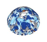 Gorro de ducha de doble capa con diseño de tiburón blanco, reutilizable, impermeable, gorro de ducha grande para mujer, gorro de ducha para ducha con forro de Peva y cuerda elástica