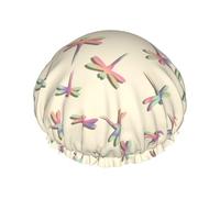 Gorro de ducha de doble capa con estampado de libélula, reutilizable, impermeable, gorro de ducha grande para mujer, gorro de ducha para ducha con forro de Peva y cuerda elástica