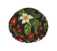 Gorro de ducha de doble capa con estampado floral blanco y rojo de chile para mujer, resistente al agua, con dibujos animados para cabello largo