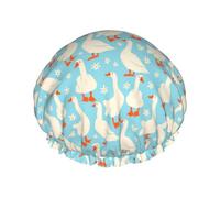 Gorro de ducha de doble capa con gansos blancos y flores, reutilizable, impermeable, gorro de ducha grande para mujer, gorro de ducha para ducha con forro de Peva y cuerda elástica