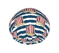 Gorro de ducha de doble capa con rayas de palomitas de maíz, reutilizable, impermeable, gorro de ducha grande para mujer, gorro de ducha para ducha con forro de Peva y cuerda elástica