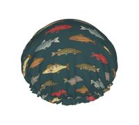 Gorro de ducha de doble capa de peces de agua dulce de río, reutilizable, resistente al agua, gorro de ducha grande para mujer, gorro de ducha para ducha con forro de Peva y cuerda elástica
