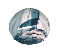 Gorro de ducha de doble capa elegante y funcional con diseño de barco de velero, reutilizable y bonito gorro de baño elástico