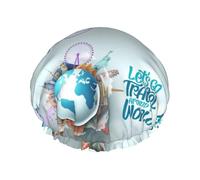 Gorro de ducha de doble capa reutilizable con diseño de Let's Go Travel Around the World, gorro de ducha grande para mujer, gorro de ducha con forro de Peva y cuerda elástica