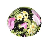 Gorro de ducha elástico de doble capa, impermeable y reutilizable, con diseño de flores tropicales rosas y palmeras de la selva.