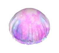 Gorro de ducha elástico impermeable de doble capa con diseño de galaxia jaspeada, rosa y morado, gorro de baño reutilizable.