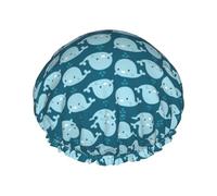 Gorro de ducha estampado con fondo de ballenas de dibujos animados, suave, ligero, gorro de ducha para mujer, ecológico, transpirable