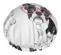 Gorro de ducha,Gorro de baño impermeable doble con gafas rosas de Bulldog Francés Frenchie negro,Gorro de ducha elástico reutilizable,Gorros de baño Gorro de noche