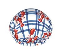 Gorro de ducha, gorro de ducha a cuadros de cangrejo de río para mujer, reutilizable, impermeable, gorro de pelo para ducha, banda elástica de doble capa, gorro de baño de pelo largo