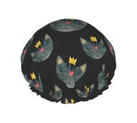 Gorro de ducha grande con caras del gato, reutilizable, impermeable, doble capa para mujer, gorro de ducha para ducha con forro de Peva y cuerda elástica