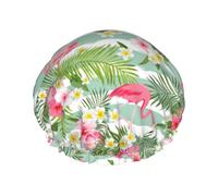 Gorro de ducha grande con diseño de flamenco tropical, reutilizable, impermeable, gorro de ducha de doble capa para mujer, gorro de ducha para ducha con forro de Peva y cuerda elástica