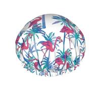 Gorro de ducha grande con diseño de hojas de palma de flamenco, reutilizable, impermeable, gorro de ducha de doble capa para mujer, gorro de ducha para ducha con forro de Peva y cuerda elástica