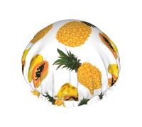 Gorro de ducha grande con diseño de piña papaya, reutilizable, impermeable, gorro de ducha de doble capa para mujer, gorro de ducha para ducha con forro de Peva y cuerda elástica