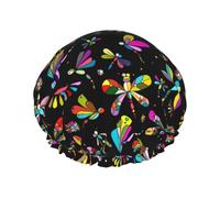 Gorro de ducha grande con estampado de libélula n.º 9018, reutilizable, impermeable, gorro de ducha de doble capa para mujer, gorro de ducha para ducha con forro de Peva y cuerda elástica