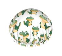 Gorro de ducha grande para mujer, reutilizable, doble bonito diseño de cocodrilo verde con cordón elástico y forro de PEVA