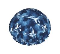 Gorro de ducha grande para mujer, reutilizable, doble gorro de baño azul marino con estampado de camuflaje de 1 capa, con cuerda elástica y forro de PEVA