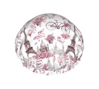 Gorro de ducha grande para mujer, reutilizable, doble gorro rosa con estampado de escena de París, con cuerda elástica y forro de PEVA