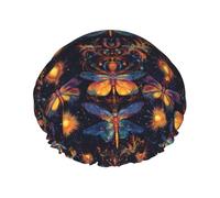Gorro de ducha grande reutilizable con diseño de libélula, estilo bohemio, con cuerda elástica y forro de PEVA