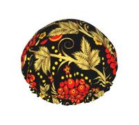 Gorro de ducha impermeable con banda elástica, gorro de ducha reutilizable de doble capa para mujer,Arándano Khokhloma tradicional ruso