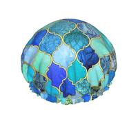 Gorro de ducha impermeable con banda elástica, gorro de ducha reutilizable de doble capa para mujer,Azulejo marroquí decorativo azul cobalto agua dorado