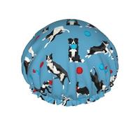 Gorro de ducha impermeable con banda elástica, gorro de ducha reutilizable de doble capa para mujer,Border Collie Disc Dog Agility Dog Border Collie Blanco y Negro Border Azul