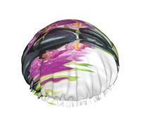 Gorro de ducha impermeable con banda elástica, gorro de ducha reutilizable de doble capa para mujer,Bienestar asiático con piedras de masaje zen y orquídea morada
