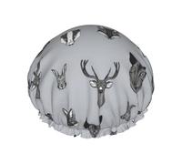 Gorro de ducha impermeable con banda elástica, gorro de ducha reutilizable de doble capa para mujer,Bosque y animales Tejón Zorro Conejo Jabalí Cerdo Ciervo Macho Cierva Gris