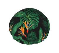 Gorro de ducha impermeable con banda elástica, gorro de ducha reutilizable de doble capa para mujer,Características del diseño tropical: hoja de palma monstera