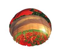 Gorro de ducha impermeable con banda elástica, gorro de ducha reutilizable de doble capa para mujer,Campo de amapolas al atardecer Hermoso campo de flores
