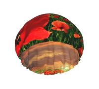 Gorro de ducha impermeable con banda elástica, gorro de ducha reutilizable de doble capa para mujer,Campo de amapolas al atardecer