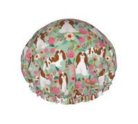 Gorro de ducha impermeable con banda elástica, gorro de ducha reutilizable de doble capa para mujer,Cavalier King Charles Spaniel Perro Florales Lindo Perro