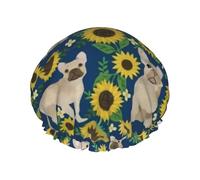 Gorro de ducha impermeable con banda elástica, gorro de ducha reutilizable de doble capa para mujer,Girasoles de bulldog francés