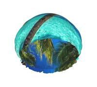 Gorro de ducha impermeable con banda elástica, gorro de ducha reutilizable de doble capa para mujer,Impresión de isla tropical