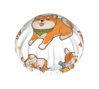 Gorro de ducha impermeable con banda elástica, gorro de ducha reutilizable de doble capa para mujer,Lindo y divertido Shiba Inu
