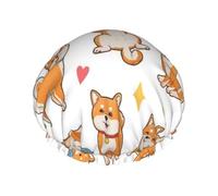 Gorro de ducha impermeable con banda elástica, gorro de ducha reutilizable de doble capa para mujer,Lindo Shiba Inu y patrón de perro divertido