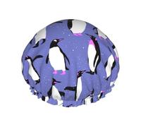 Gorro de ducha impermeable con banda elástica, gorro de ducha reutilizable de doble capa para mujer,Lindo pingüino morado