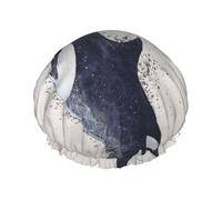 Gorro de ducha impermeable con banda elástica, gorro de ducha reutilizable de doble capa para mujer,Olas Delfines Ballenas Ballena