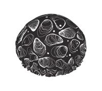 Gorro de ducha impermeable con banda elástica, gorro de ducha reutilizable de doble capa para mujer,Ostra grande con perla dibujada a mano, línea natural
