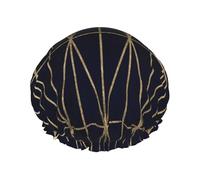 Gorro de ducha impermeable con banda elástica, gorro de ducha reutilizable de doble capa para mujer,Patrón de triángulos geométricos dorados modernos en acuarela azul marino