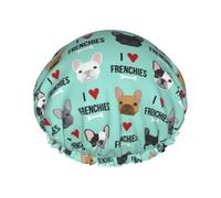 Gorro de ducha impermeable con banda elástica, gorro de ducha reutilizable de doble capa para mujer,Perro francés Me encantan los bulldogs franceses Cara de francés Aqua