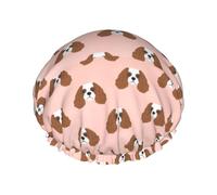 Gorro de ducha impermeable con banda elástica, gorro de ducha reutilizable de doble capa para mujer,Patrón de cara de perro Cavalier King sobre fondo rosa