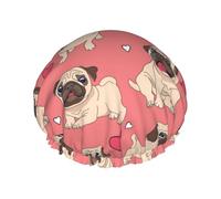 Gorro de ducha impermeable con banda elástica, gorro de ducha reutilizable de doble capa para mujer,Perro Pug con forma de corazón para el Día de San Valentín