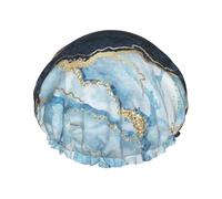 Gorro de ducha impermeable con banda elástica, gorro de ducha reutilizable de doble capa para mujer,Pintura abstracta dorada con brillo y mármol azul