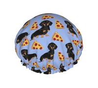 Gorro de ducha impermeable con banda elástica, gorro de ducha reutilizable de doble capa para mujer,Pizza Comida Perro Salchicha Lindo