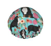 Gorro de ducha impermeable con banda elástica, gorro de ducha reutilizable de doble capa para mujer,Perro de montaña bernés con motivos florales