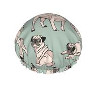 Gorro de ducha impermeable con banda elástica, gorro de ducha reutilizable de doble capa para mujer,Perros Pug Sentados