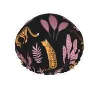 Gorro de ducha impermeable con banda elástica, gorro de ducha reutilizable de doble capa para mujer,Patrón tropical de leopardo