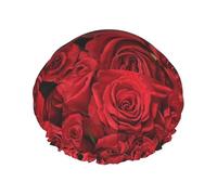 Gorro de ducha impermeable con banda elástica, gorro de ducha reutilizable de doble capa para mujer,Rosa roja impresa