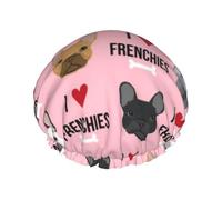 Gorro de ducha impermeable con banda elástica, gorro de ducha reutilizable de doble capa para mujer,Tela con la frase "Me encantan los bulldogs franceses"